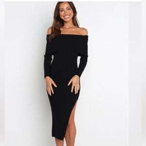 Petal & Pup Black Off-Shoulder Black Sweater Midi Dress